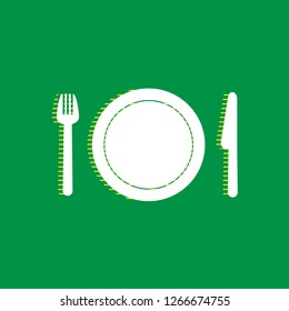 Fork, plate and knife. Vector. White flat icon with yellow striped shadow at green background.