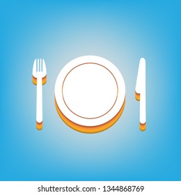 Fork, plate and knife. Vector. White icon with 3d warm-colored gradient body at sky blue background.