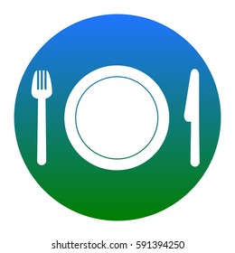 Fork, plate and knife. Vector. White icon in bluish circle on white background. Isolated.