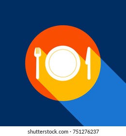 Fork, plate and knife. Vector. White icon on tangelo circle with infinite shadow of light at cool black background. Selective yellow and bright navy blue are produced.