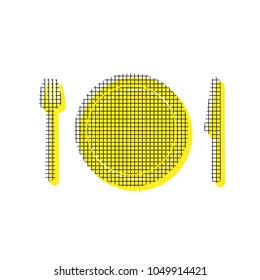 Fork, plate and knife. Vector. Yellow icon with square pattern duplicate at white background. Isolated.