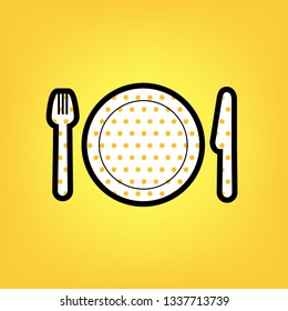 Fork, plate and knife. Vector. Yellow polka dot white icon with black contour at warm yellow background.