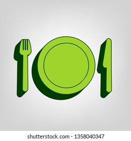 Fork, plate and knife. Vector. Yellow green solid icon with dark green external body at light colored background.