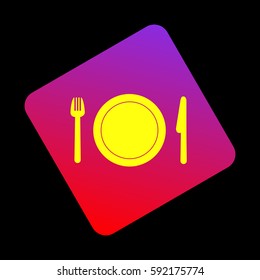 Fork, plate and knife. Vector. Yellow icon at violet-red gradient square with rounded corners rotated for dynamics on black background.