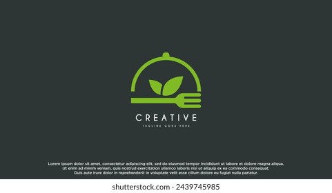 Fork And plate with leaf for healthy food or salad bar logos. Logo design template element.