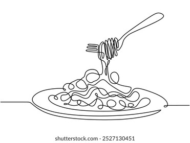 Tenedor con un plato de fideos o espaguetis en un dibujo de línea continua. Diseño minimalista para temas de comida y comedor. Arte lineal dibujado a mano simplificado.