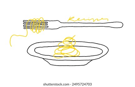 Gabel und Teller mit Spaghetti-Linien auf weißem Hintergrund. Verfahren zum Essen von Teigwaren. Spaghetti-Rezepte. Spielerische Essensdarstellung für kulinarisches Projekt, Speisekarte, Küchendekoration