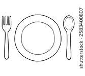 fork plate and spoon illustration hand drawn outline vector