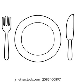 fork plate and spoon illustration hand drawn outline vector