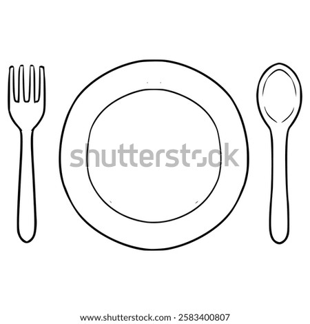 fork plate and spoon illustration hand drawn outline vector