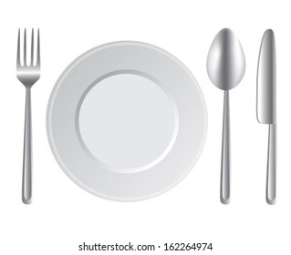 fork, plate, spoon and knife on white background