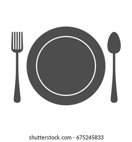 Fork, plate, spoon. Restaurant icon. Monochrome illustration.