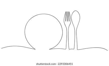 Fork, plate and spoon shape in continuous line drawing style. Vector illustration.