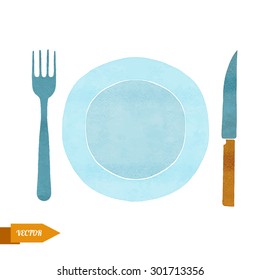 Fork, plate, spoon top view watercolor closeup isolated on white background 