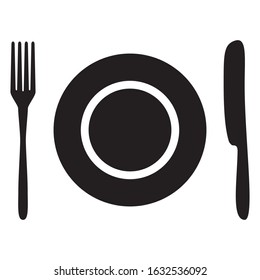 Fork, plate and table knife. Vector drawing in the form of a silhouette. Isolated white background.
