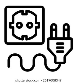 Fork plug with cord and socket line icon, electrician service concept. Vector graphics. Socket for electrical plug sign on white background, style mobile or design