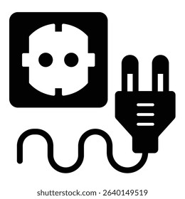 Fork plug with cord and socket solid icon, electrician service concept. Vector graphics. Socket for electrical plug sign on white background, style mobile or design