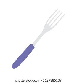 Fork with a purple handle resting on a plain background in a minimalist design