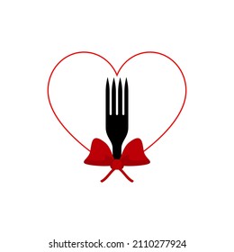 Horquilla con arco de cinta y corazón rojo. Diseño de plantillas de logotipo para restaurante, menú de cena, empresa de catering. Ilustración vectorial.