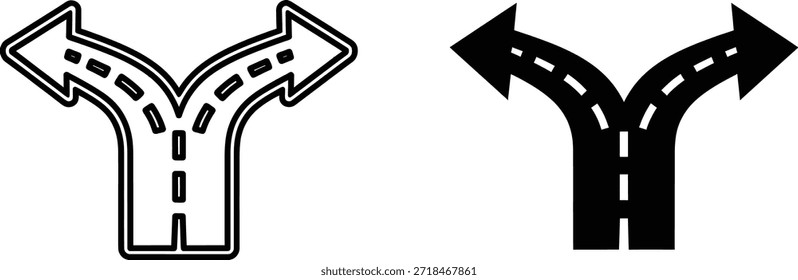 Bifurcación en el icono de la carretera con flechas divergentes, que representan la elección y la dirección. Ilustración vectorial minimalista para la toma de decisiones y conceptos de navegación.