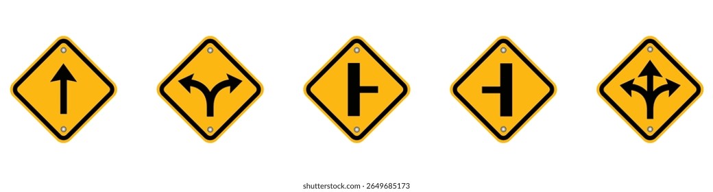 Fork in the road sign, One, Two and three way arrows set. Two and three way arrows Sign for merging road set. The road splits. Warning yellow diamond road sign. Vector illustration.