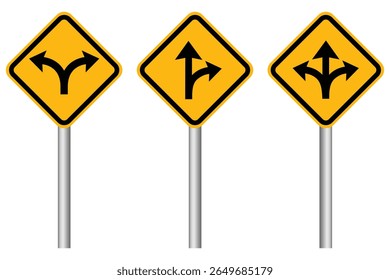 Fork in the road sign, One, Two and three way arrows set. The road splits. Warning yellow diamond road sign. Vector illustration.