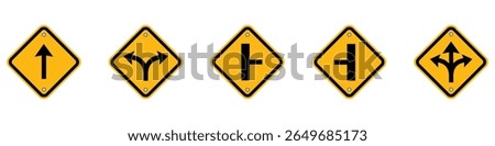 Fork in the road sign, One, Two and three way arrows set. Two and three way arrows Sign for merging road set. The road splits. Warning yellow diamond road sign. Vector illustration.
