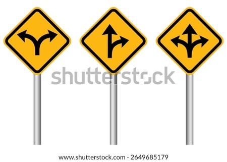 Fork in the road sign, One, Two and three way arrows set. The road splits. Warning yellow diamond road sign. Vector illustration.