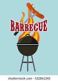 fork with sausage and barbecue grill icon over blue background. colorful design. vector illustration