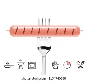 Fork with sausage isolated on white background. Vector illustration and elements. Ready to use for your design. EPS10.