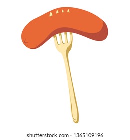 Fork with sausage isolated on white background. Oktoberfest menu. Picnic or street food concept