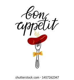 Fork with sausage and lettering - Bon appetit. Hand-drawn coloured illustration in sketch style. 