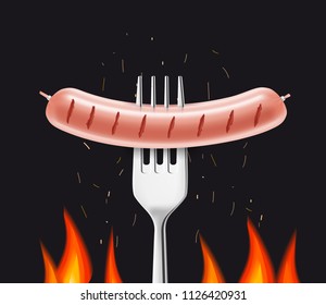 Fork with sausage on a dark background. Vector illustration. Ready to use for your design. EPS10.