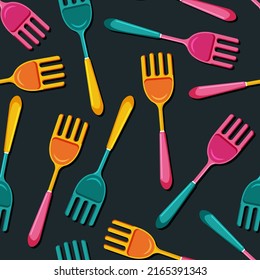 Fork seamless pattern. Vibrant cutlery art for kitchen wallpaper, fabric, wrapping paper, menu, packaging design. Scandinavian style. Flat vector illustration isolated on dark background