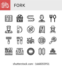 fork simple icons set. Contains such icons as Food truck, Menu, Coffee shop, Sausage, Catering, Cutlery, Chef, No food, Gardener, Rake, Forklift, can be used for web, mobile and logo