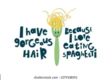 Fork with spaghetti cartoon illustration. Kawaii cutlery with face vector clipart. Cute steel kitchenware with lettering flat collage. Italian restaurant menu isolated design element. Phrase, quote