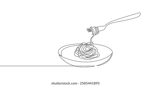 Fork with Spaghetti Continuous One Line Drawing. Concept for Pasta Lovers in Simple Linear Style. Spaghetti in Editable Stroke Doodle Vector Illustration. Not AI