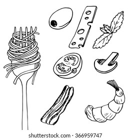 Fork With Spaghetti And Different Food Pieces, Hand Drawn Vector Illustration