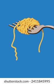 Horquilla con espagueti. Pasta italiana fresca. Fondo azul. Ilustración vectorial. Cartel, dibujo. Recurso para identidad de marca, redes sociales, presentaciones.