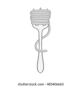Fork with spaghetti icon in black monochrome style isolated on white background. Food and dining items symbol vector illustration
