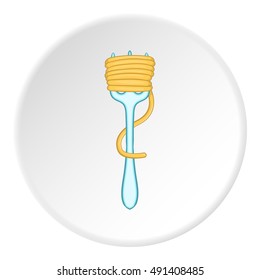 Fork with spaghetti icon in cartoon style on white circle background. Food and dining items symbol vector illustration