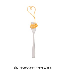 Fork with spaghetti, noodle forming a heart shape, love to Italian pasta concept, cartoon vector illustration isolated on white background. Noodle on vertical fork, Italian or Asian food