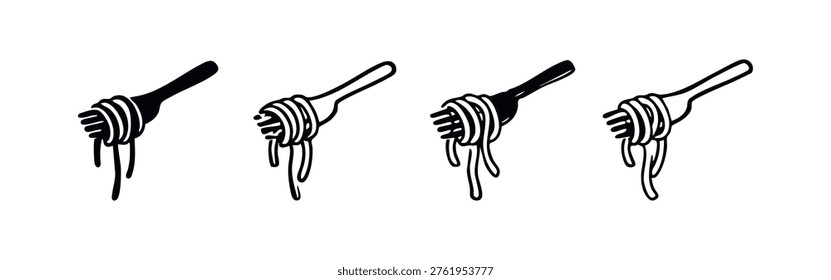 Fork with Spaghetti or Noodles Icon Set - Italian Pasta and Asian Food Utensil Vector Graphic