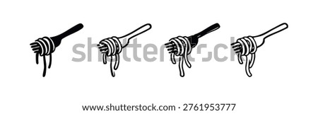 Fork with Spaghetti or Noodles Icon Set - Italian Pasta and Asian Food Utensil Vector Graphic