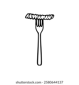 Fork with spaghetti on it, black and white illustration