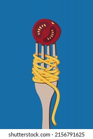 Fork with spaghetti and pasta with tomato for a delicious lunch