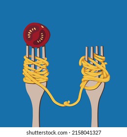 Fork with spaghetti and pasta with tomato. tasty food. love or friendship between two objects