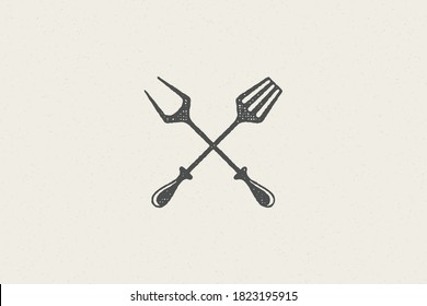 Fork and spatula crossed silhouette as symbol barbecue food preparation hand drawn stamp effect vector illustration. Vintage grunge texture emblem for bbq packaging and menu design or label decoration