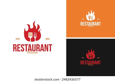 Fork and spatula logo design with flame vector illustration template idea