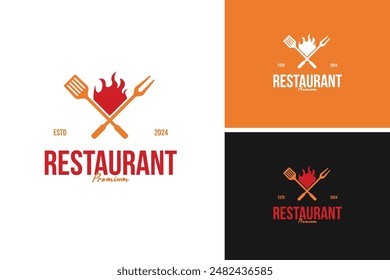 Fork and spatula logo design with flame vector illustration template idea